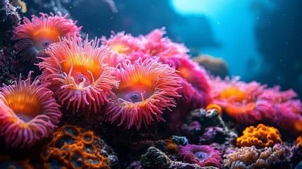 Obraz premium Vibrant pink and orange sea anemones cluster on a coral reef in clear blue water.
