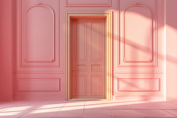 Obraz premium pink room ornatedoor Elegant soft light room luxury interior design classic Princess minimum W shadow window molding sunlight wooden door golden yellow gold royal palace girls room woman dreamy