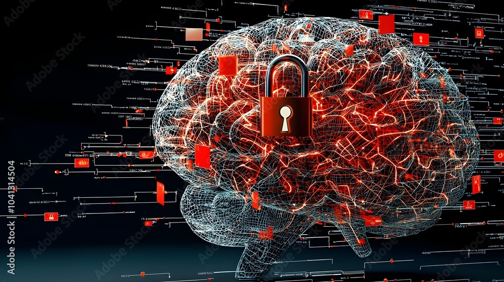 Poster Glowing Mesh Brain with Lock   Visualizing the Complexities of Mental Health Awareness and the Role of Technology in the Digital Era
