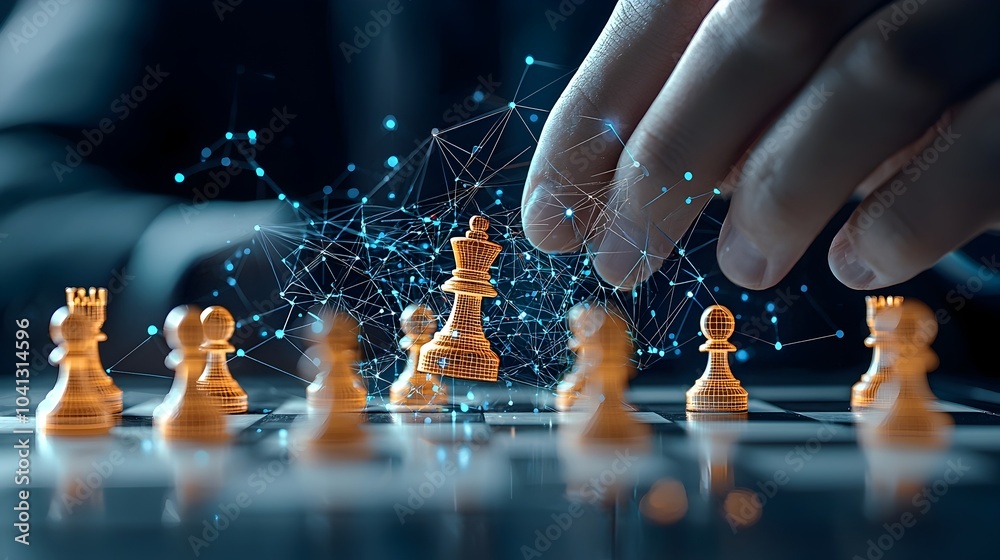 Poster Glowing mesh chess pieces engaged in dynamic movement showcasing the strategic gameplay and conceptual nature of the classic game of chess  This digital captures the essence of intelligence