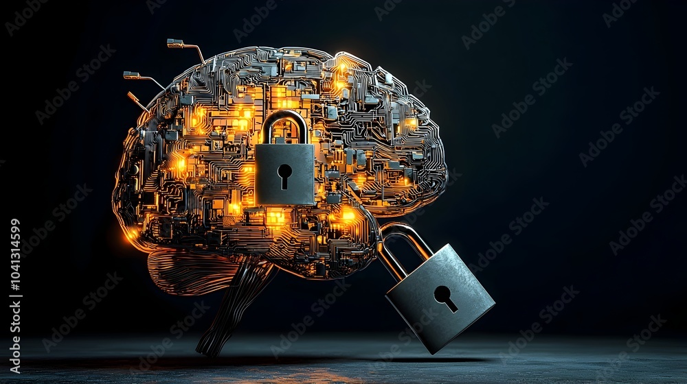 Poster glowing mesh brain with lock visualizing the concept of mental health awareness and the need for pro