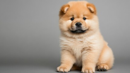 Fototapeta premium Adorable Chow Chow puppy sitting against a grey background, showcasing its fluffy coat and charming expression.