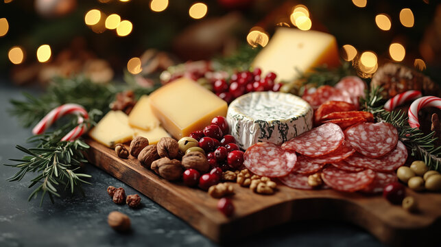 Artisanal Christmas cheeseboard with cheese, meats, nuts, and berries