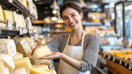 A smiling woman holds a block of cheese in a gourmet shop, showcasing her passion for quality dairy products and customer service.