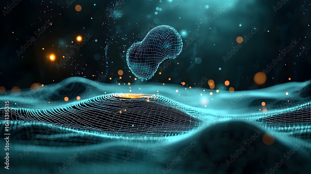 Poster glowing mesh double slit experiment visualizing wave interference pattern abstract digital artwork d