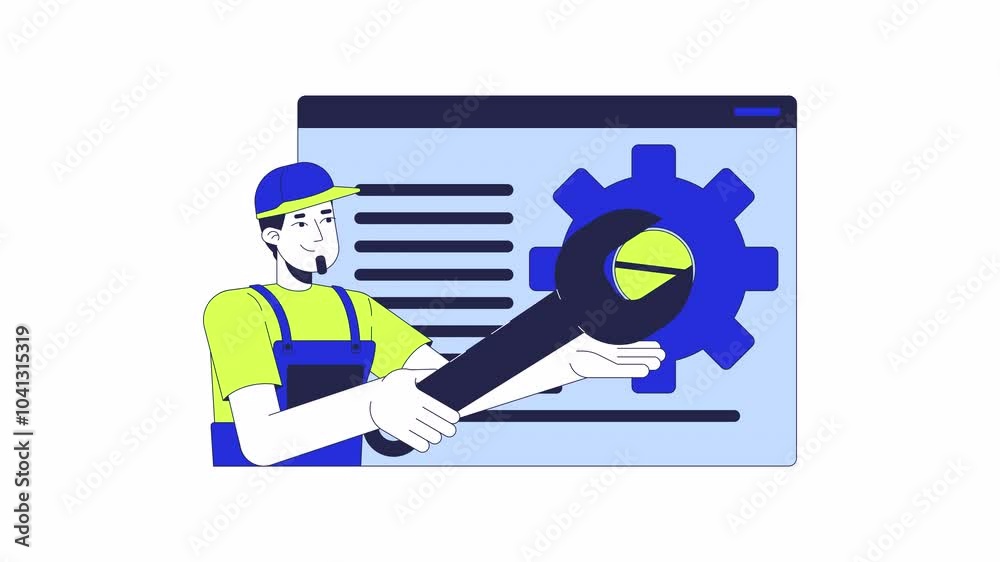 Poster web developer fixing website 2d animation. wrench webpage debugging 4k video motion graphic. enginee