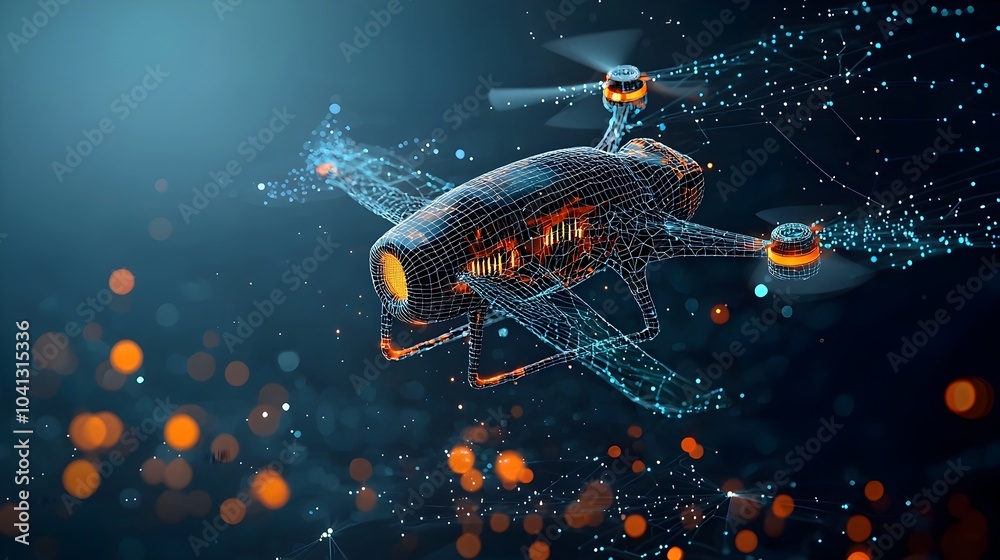 Aufkleber Glowing mesh drone in mid flight captured with dynamic digital trails following its movement creating a futuristic abstract and technological visual