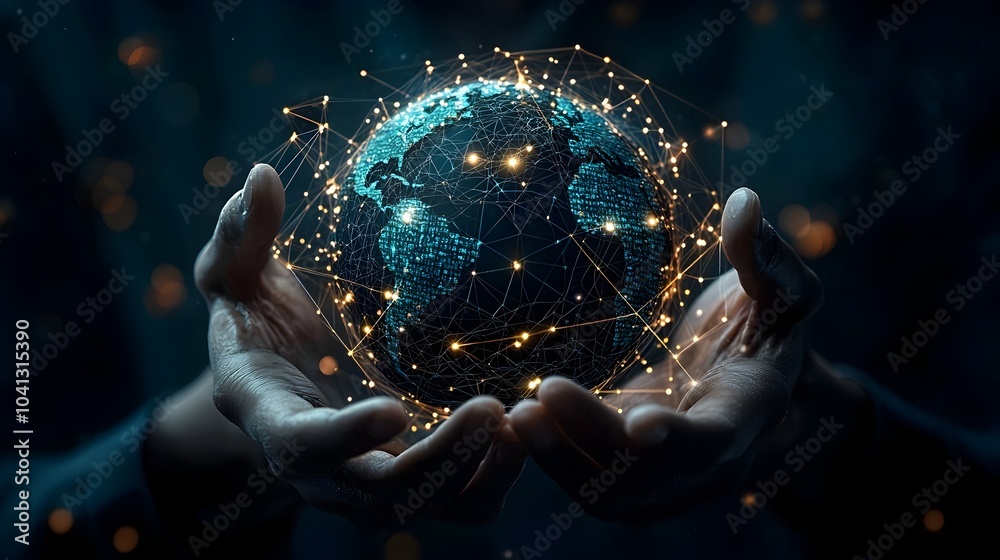 Aufkleber Glowing mesh earth surrounded by interconnected hands symbolizing global unity and Digital 3D of futuristic technology driven world with a sense of community progress and innovation