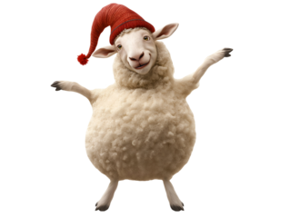 funny sheep wearing a tiny red jester's hat standing on hind legs on isolated background in playful pose cartoon style with fluffy wool for holiday and festive design
