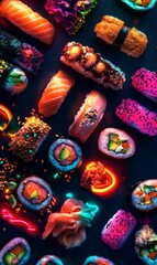 Neon-lit sushi assortment on dark background.