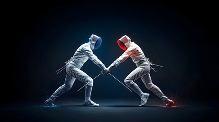 Naklejka premium Glowing mesh fencing swords crossing in a dynamic and futuristic composition with luminous lines tracing their elegant motion This digital showcases a sleek high tech and conceptual visual design