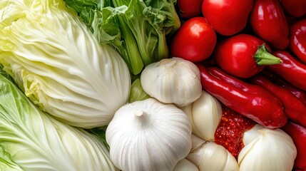 A colorful arrangement of fresh vegetables, including lettuce, tomatoes, garlic, and peppers, showcasing vibrant colors and a healthy variety.