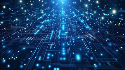 Fototapeta premium Abstract digital circuit board background with glowing blue lights and a perspective view.