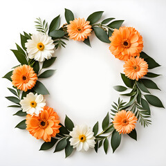 Obraz premium orange and white colors flowers arrange in circle shape floral wreath in round shape layout isolated on white background for creative design