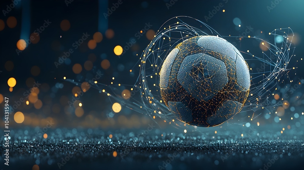Poster Glowing Mesh Football Soaring Mid Air with Luminous Goalposts Backdrop  Dynamic Sports Concept with Futuristic Technology and Lighting Elements