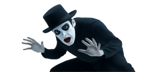 mime artist performing dramatic gesture as if trapped in an invisible box wearing black outfit and hat on isolated background
