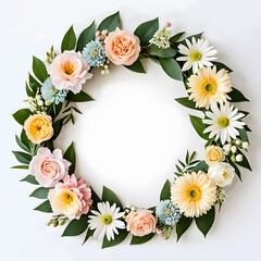 Obraz premium Pastel colors flowers arrange in circle shape floral wreath in round shape layout isolated on white background for creative design