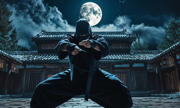 A ninja in a crouching stance under a full moon in a Japanese courtyard