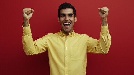 Fototapeta premium Enthusiastic man celebrates with fists in the air.