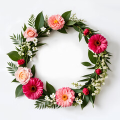 Fototapeta premium Pink and nude colors flowers arrange in circle shape floral wreath in round shape layout isolated on white background for creative design