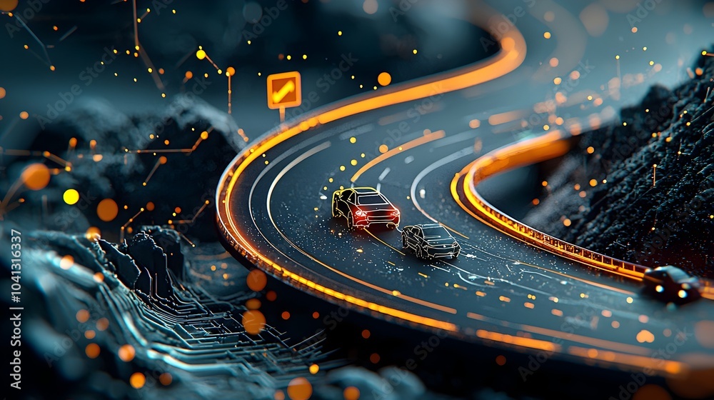 Poster Glowing mesh lines artfully illustrate a coastal highway creating a captivating nighttime scene with sparkling waves and glowing vehicle headlights  The image evokes a sense of energy movement