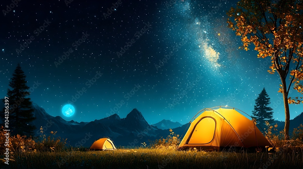 Poster glowing mesh lines create a futuristic and ethereal camping scene with illuminated tents and a starr
