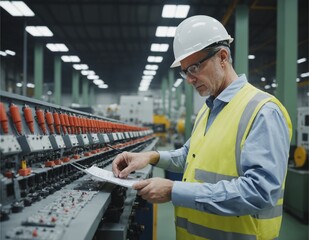 A construction worker in a factory or warehouse, wearing a safety helmet and working with equipment, embodies the industrial occupation of building and manufacturing