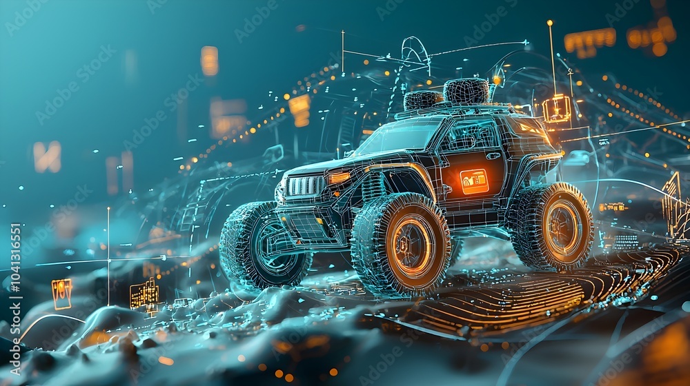 Leinwandbilder glowing mesh lines depict an off road vehicle navigating through an illuminated futuristic terrain c