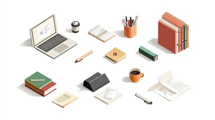 A set of colorful isometric icons for office tools, including a desk, laptop, coffee cup, and paper documents
