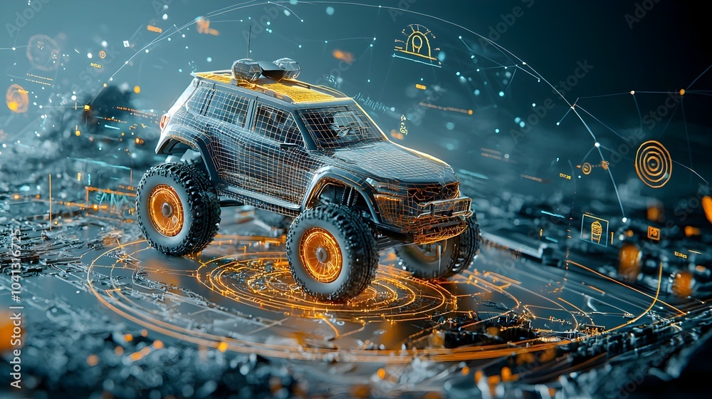 Leinwandbilder glowing mesh lines depicting an off road vehicle navigating through an illuminated futuristic terrai