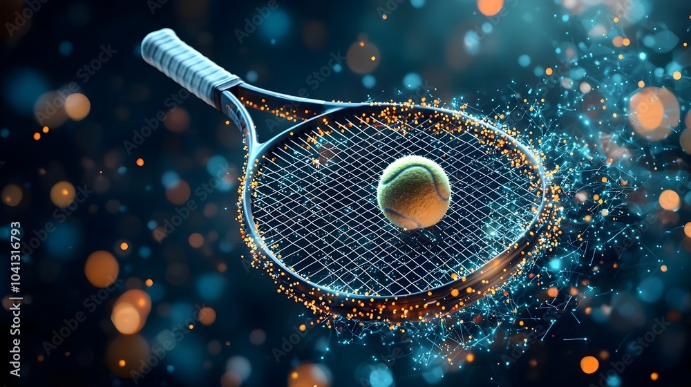 Wall mural glowing mesh lines forming a dynamic and futuristic tennis racket with a ball in mid swing capturing