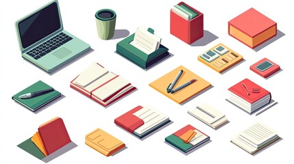 A set of colorful isometric icons for office tools, including a desk, laptop, coffee cup, and paper documents