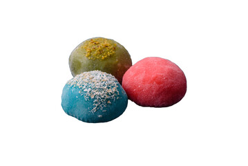 Delicious colorful asian mochi sweets with rice dough shell and fruit filling