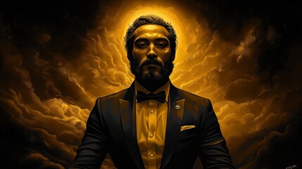Man in Suit with Glowing Aura Amidst Dramatic Clouds, Symbolizing Power and Mysticism