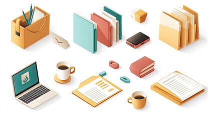 A set of colorful isometric icons for office tools, including a desk, laptop, coffee cup, and paper documents