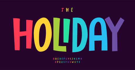 Playful holiday alphabet, vibrant bold letters, cheerful bright colors font, lively typography for festive logo, joyful headline, kid toy and game branding. Vector typeset.