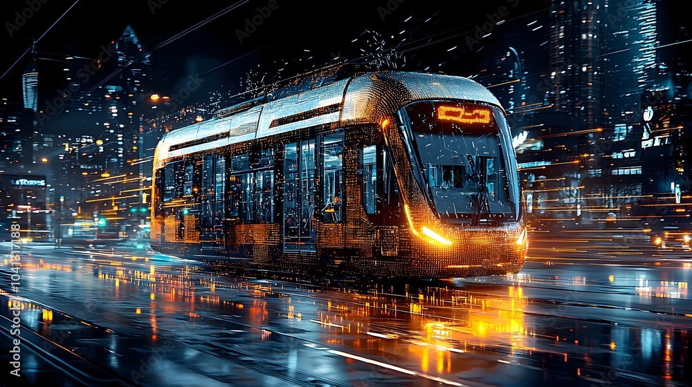 Poster glowing mesh lines forming a dynamic futuristic tram system in motion through an illuminated modern 