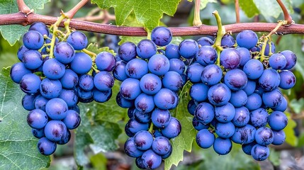 Lush green grapevines with abundant ripe purple grape clusters hanging from the branches in a sunny and serene vineyard landscape
