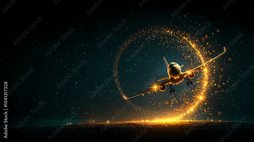 Aufkleber glowing mesh lines forming an abstract airplane taking off with a trail of light against a vibrant s