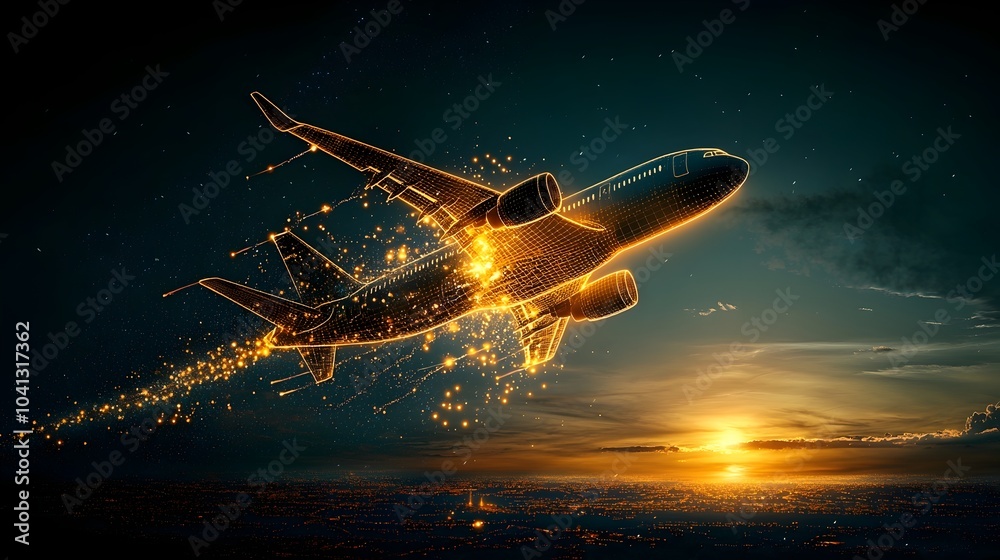 Leinwandbilder glowing mesh lines forming an abstract airplane taking off with a trail of light against a vibrant s