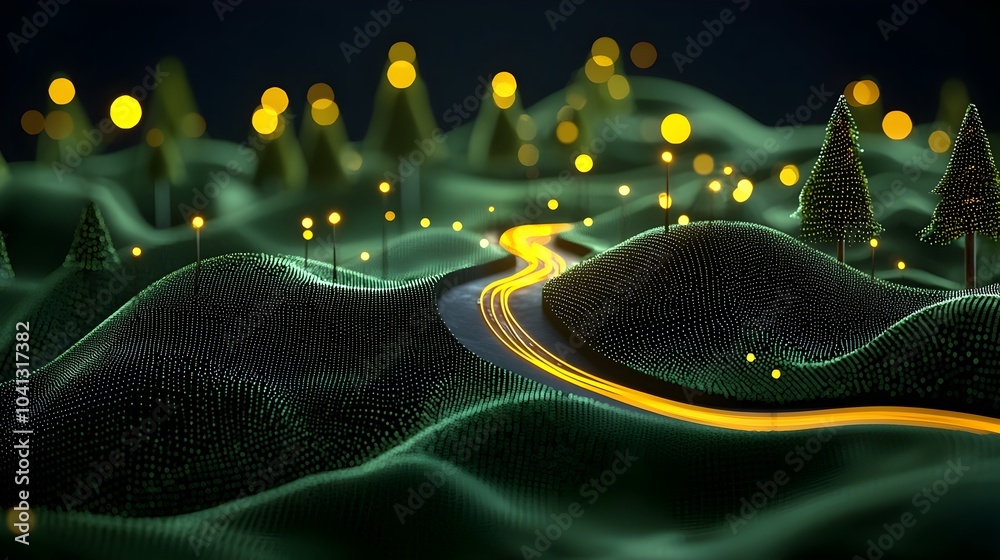 Aufkleber Glowing mesh lines forming an abstract mountain bike trail winding through a serene and peaceful forest landscape