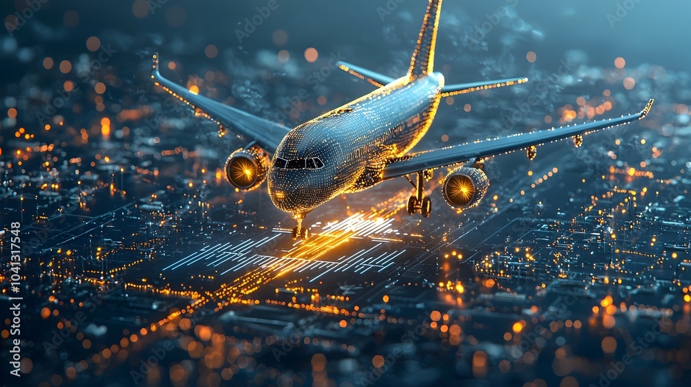Aufkleber Glowing mesh lines forming an airport runway with illuminated airplanes taking off into the night sky creating a futuristic and dynamic digital transportation landscape