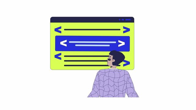 Website builder 2D animation. Back-end engineer coding construction 4K video motion graphic. Backend web developer hispanic man programmer animated character cartoon flat concept, white background