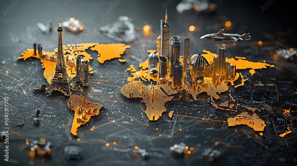 Fototapete Glowing mesh lines illustrating a digitalized world map with highlighted travel routes and landmark locations showcasing global connectivity technology and the concept of modern data visualization