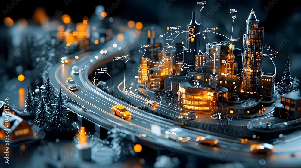 Poster glowing mesh lines illustrating a futuristic network of connected vehicles in a modern smart city co