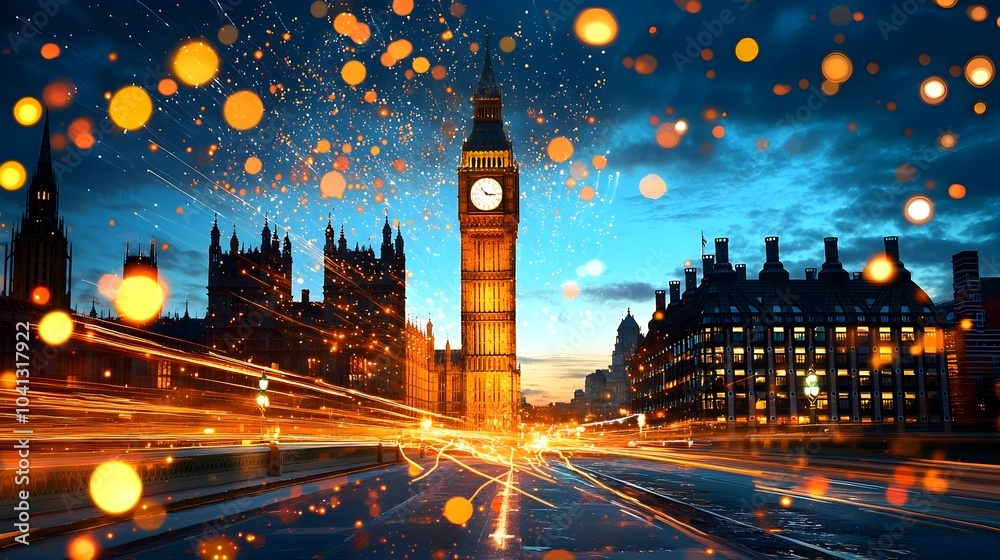 Fototapete glowing mesh lines of an iconic landmark structure enveloped in vibrant dynamic light trails creatin