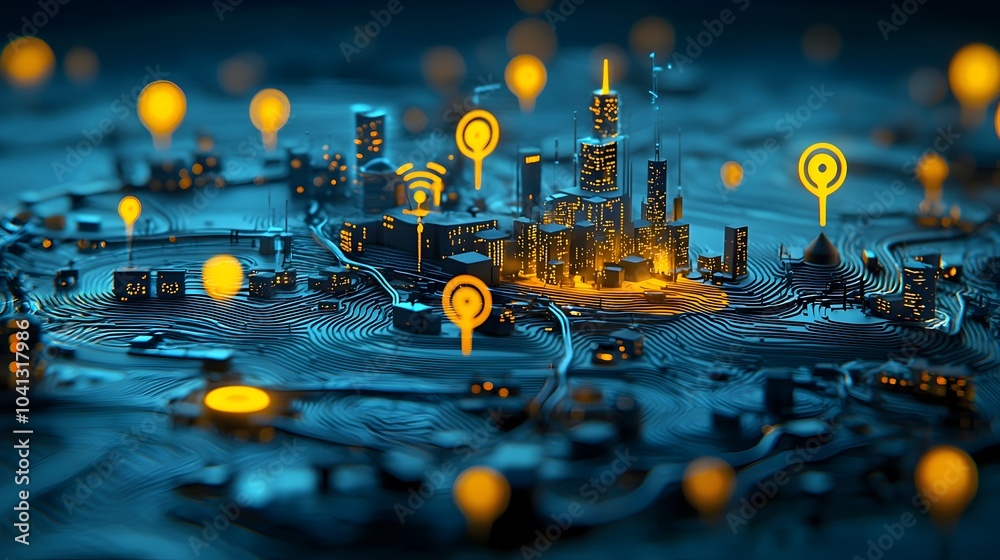Poster glowing mesh lines outlining an interconnected network of iot sensors across a futuristic digitally 