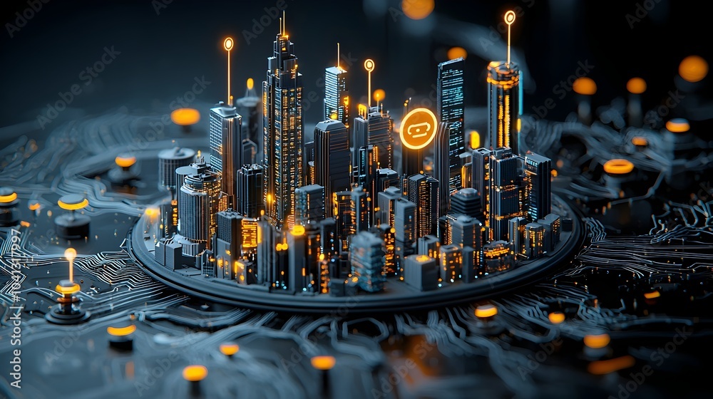 Leinwandbilder Glowing mesh lines outlining an interconnected network of IoT sensors across a futuristic smart city landscape