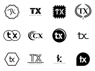 TX logo company template. Letter t and x logotype. Set different classic serif lettering and modern bold text with design elements. Initial font typography.