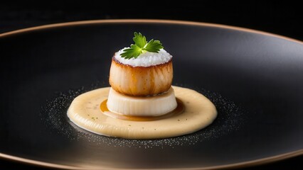 Gourmet dish with seared scallops, creamy sauce, and vegetable garnish on a black plate